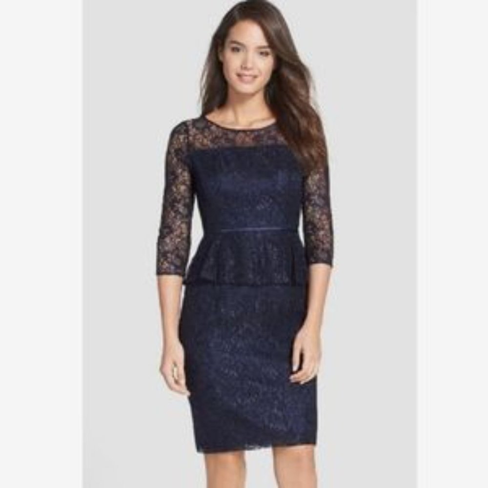 ADRIANNA PAPELL Silk Formal Dress Lace Peplum Waist Blue 3/4 sleeve Size 8